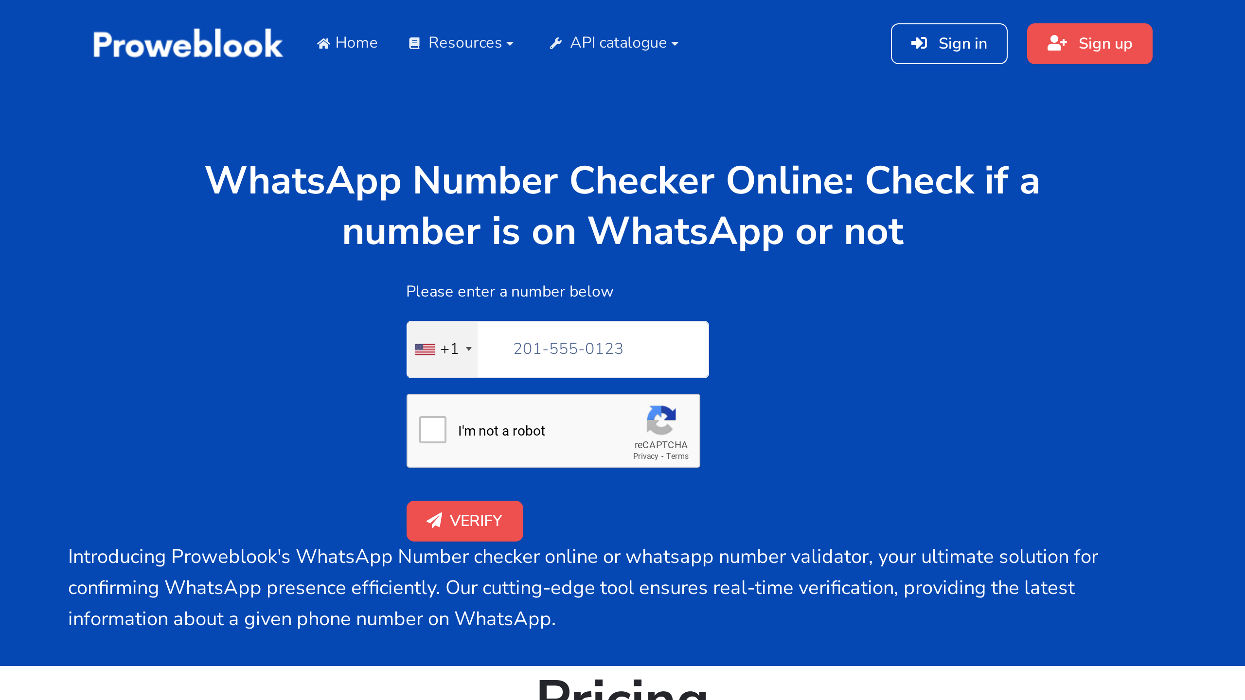 Proweblook Whatsapp Contact Checker's website screenshot