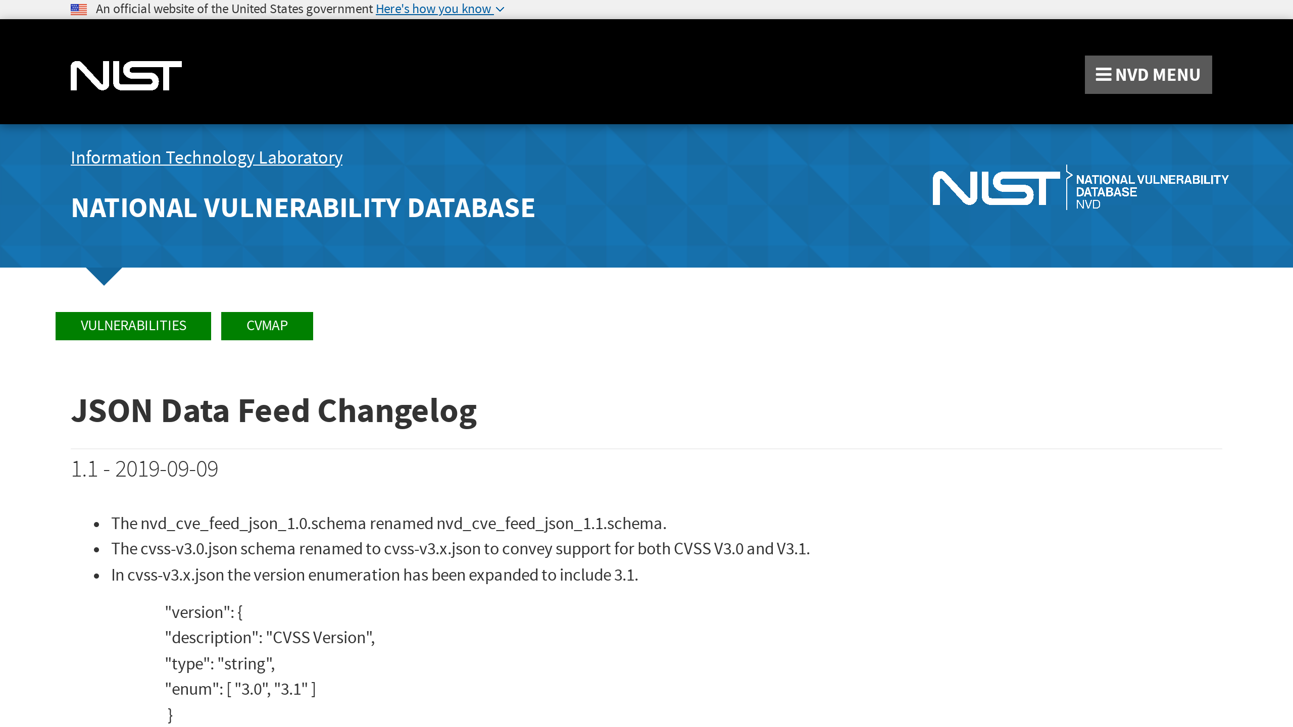 National Vulnerability Database's website screenshot