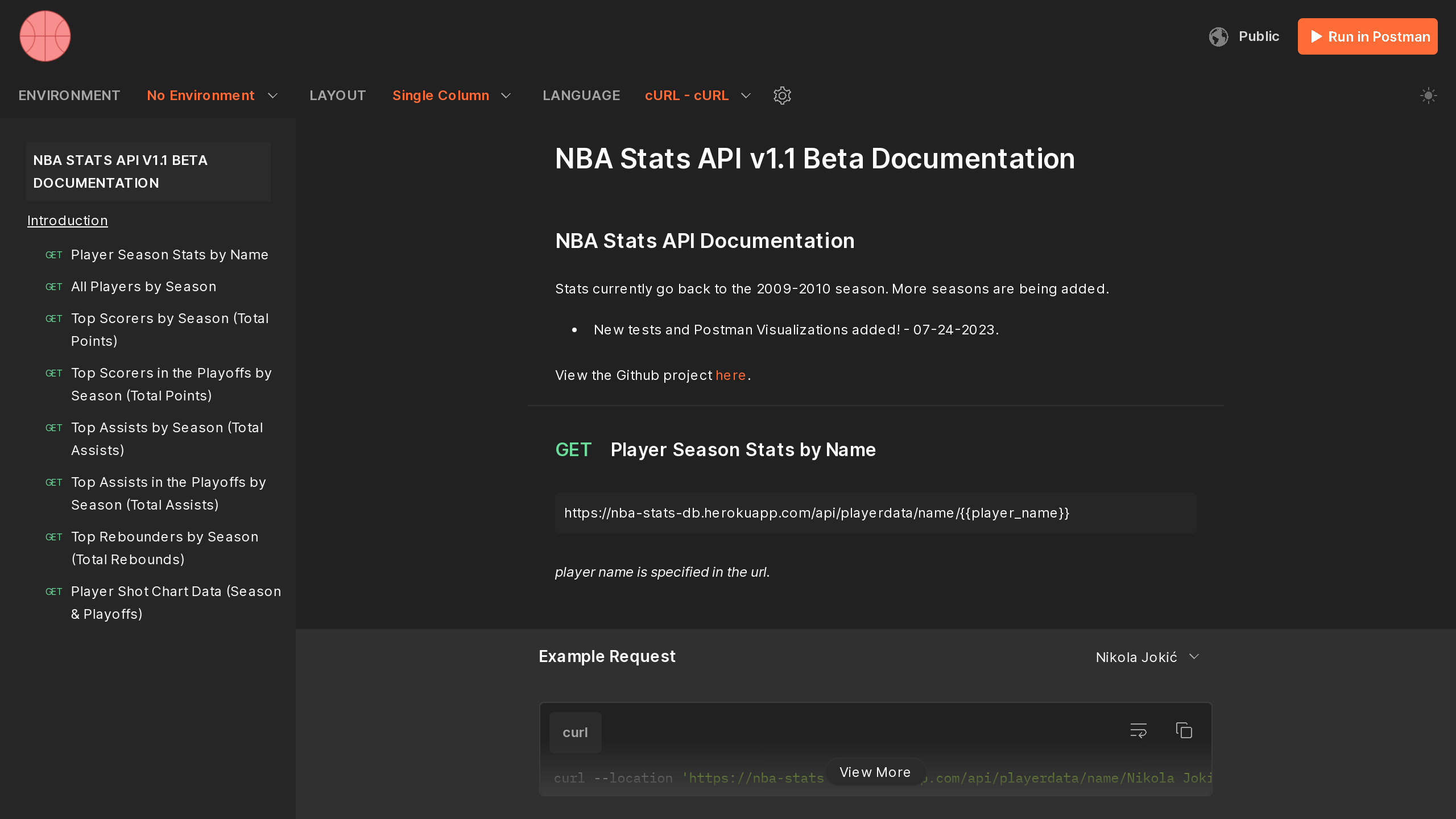 NBA Stats's website screenshot